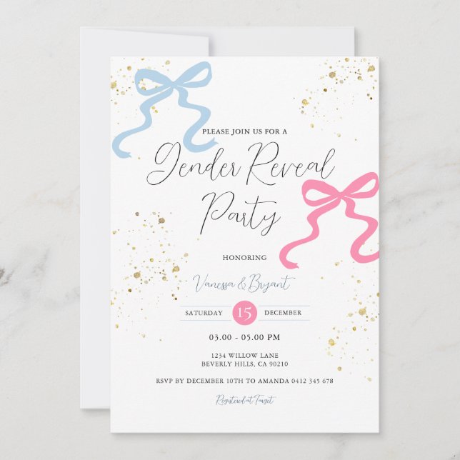 Ribbon Bow Pink & Blue Gender Reveal Gold Glitter Invitation (Front)