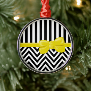 Ribbon, Bow, Zigzag, Stripes - Black White Yellow Metal Tree Decoration