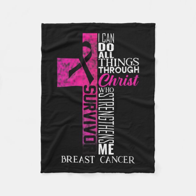 Ribbon Breast Cancer Survivor Christian Cross  Fleece Blanket (Front)