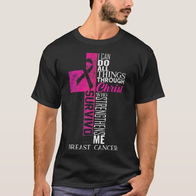 Ribbon Breast Cancer Survivor Christian Cross  T-Shirt (Front)