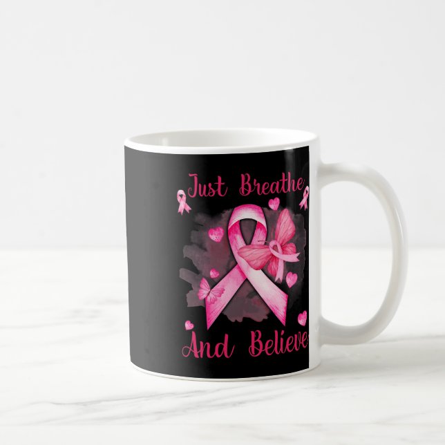 Ribbon Butterfly Breathe And Believe Breast Cancer Coffee Mug (Right)