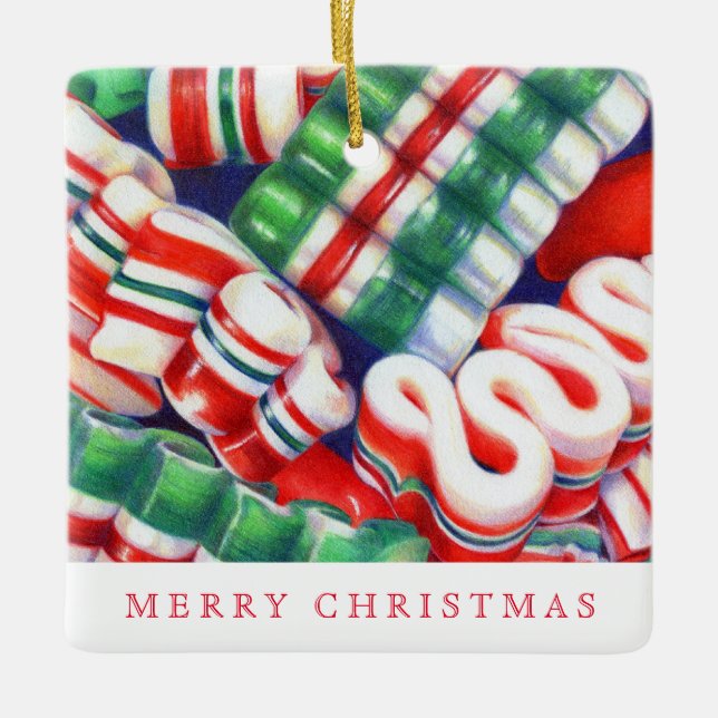 RIBBON CANDY Ceramic Square Ornament + Text (Front)