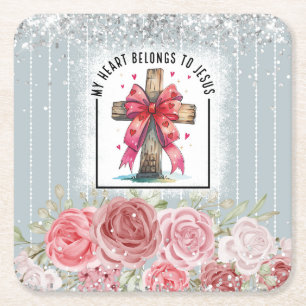 Ribbon Cross Floral Christian Square Paper Coaster