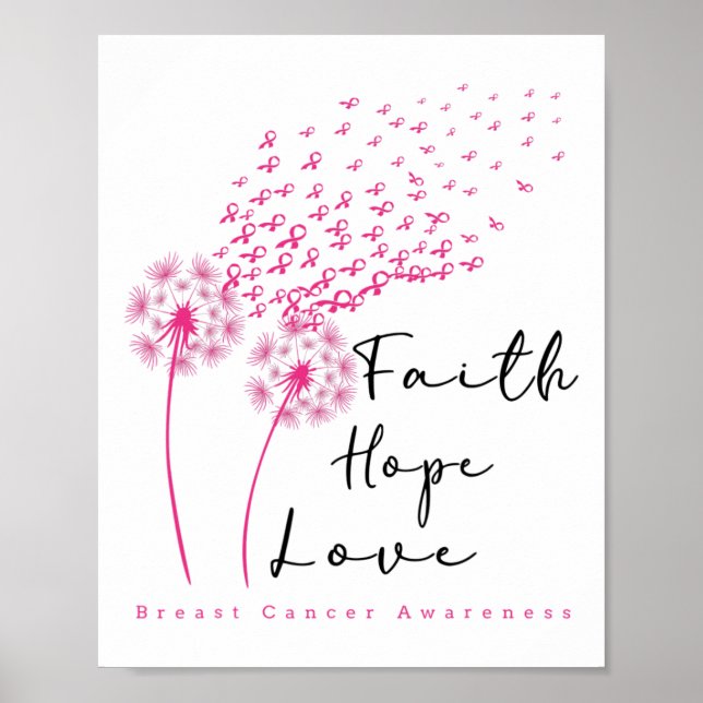 Ribbon Dandelion Faith Hope Love Breast Cancer  Poster (Front)