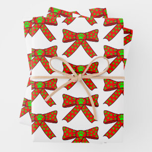 Ribbon Dog Paw Prints In Red and Green Christmas Wrapping Paper Sheet
