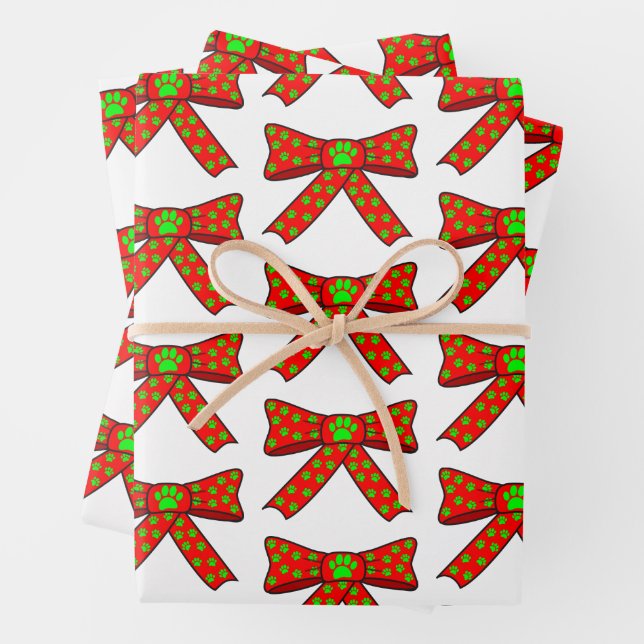 Ribbon Dog Paw Prints In Red and Green Christmas Wrapping Paper Sheet (In situ)