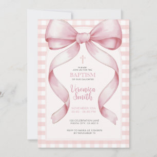 Ribbon Girl Baptism Pink Bow Pearl Necklace Invitation