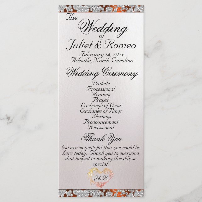 Ribbon & Glitter on Pearl - Copper Wedding Program Programme (Front)