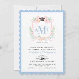 Ribbon Graduation   3 Letter Blue Monogram Crest Invitation
