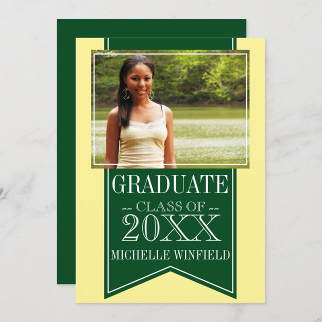 Ribbon Green School Colours Photo Graduation Invitation (Front/Back)