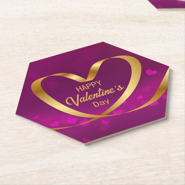 Ribbon Heart Gold Happy Valentine's Day Purple Paper Coaster (Angled)