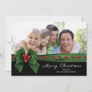 Ribbon & holly, green & red Christmas Card