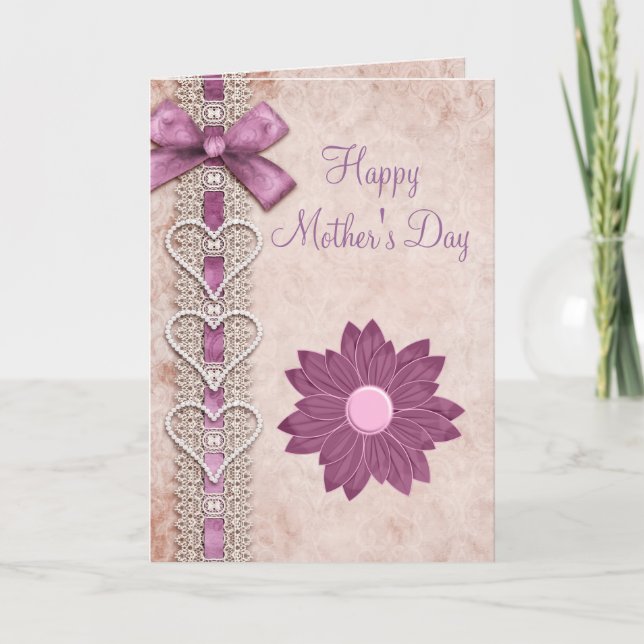 Ribbon, Lace, Hearts & Flower Lilac Mother's Day Card (Front)