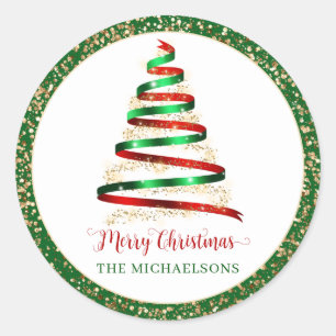 Ribbon Merry Christmas Tree Gold Glitter  Classic Round Sticker