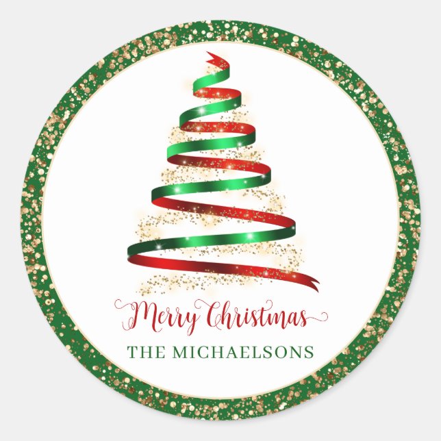 Ribbon Merry Christmas Tree Gold Glitter  Classic Round Sticker (Front)