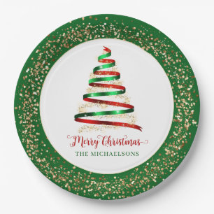 Ribbon Merry Christmas Tree Gold Glitter Paper Plate