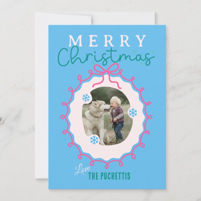 Ribbon Pink Picture Frame Christmas Holiday Card (Front)