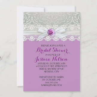 Ribbon Rose Silver Damask Lavender Bridal Shower Invitation
