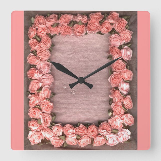 Ribbon Roses And Leaves Satin Photo Frame  Square  Square Wall Clock (Front)