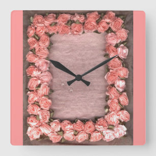 Ribbon Roses And Leaves Satin Photo Frame  Square  Wall Clock