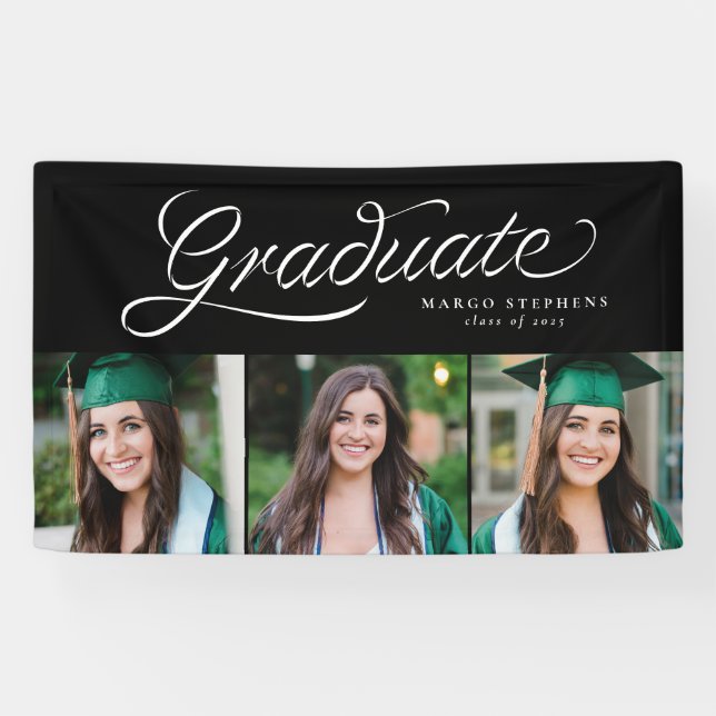 Ribbon script graduate trendy three photo grad banner (Horizontal)