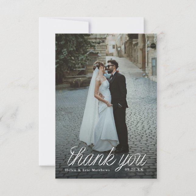 Ribbon Script Minimalist Wedding Photo Small Thank You Card (Front)