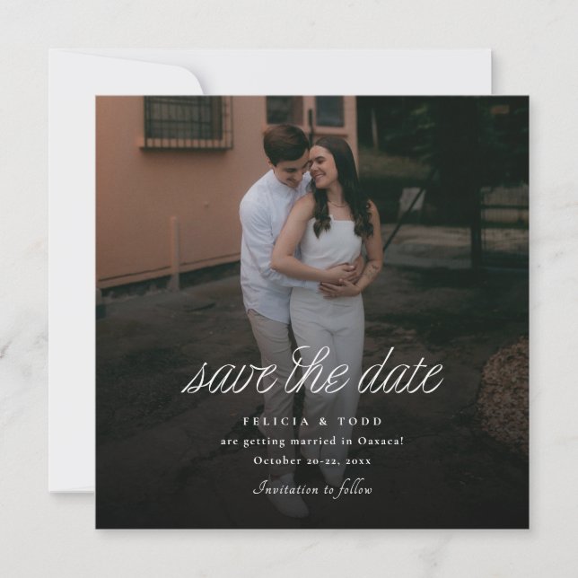 Ribbon Script Minimalist Wedding Photo Square Save The Date (Front)