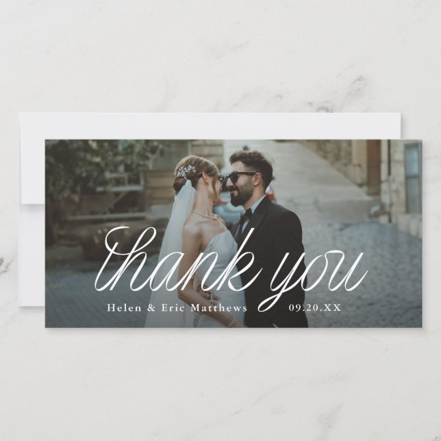 Ribbon Script Minimalist Wedding Photo Tall Thank You Card (Front)