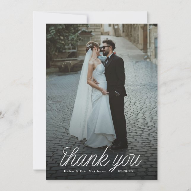 Ribbon Script Minimalist Wedding Photo  Thank You Card (Front)
