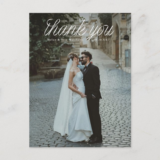 Ribbon Script Top Minimalist Wedding Photo  Postcard (Front)