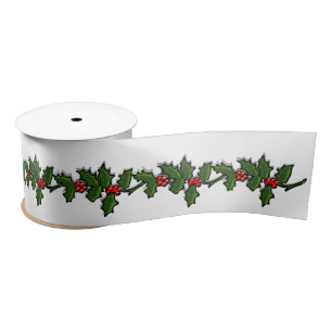 Ribbon - Sting of Holly Branches with Berries Satin Ribbon