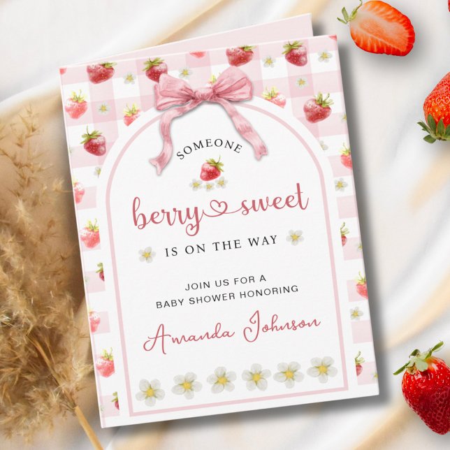  Ribbon Strawberry Pink Berry Sweet Baby Shower Invitation (Creator Uploaded)