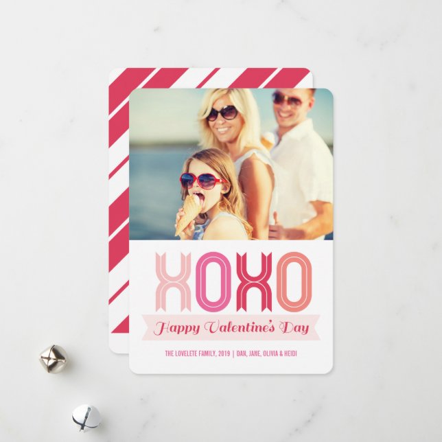 Ribbon XOXO Love And Kisses Valentine's Day Photo Holiday Card (Front/Back In Situ)