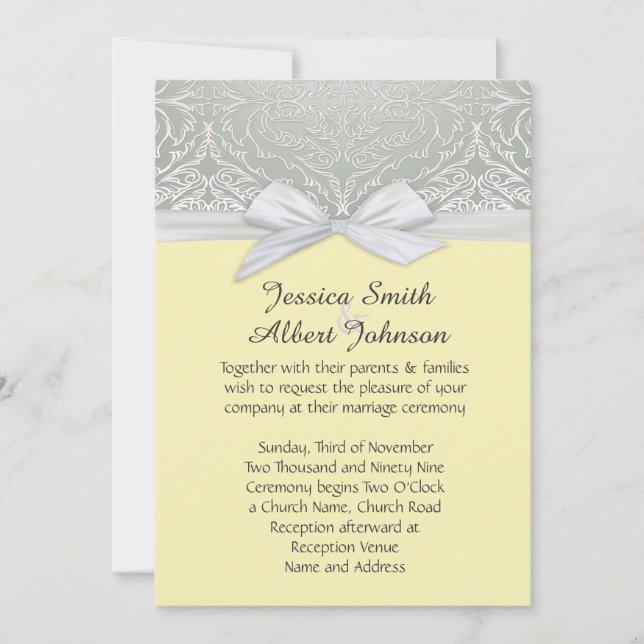 Ribbon Yellow/Silver Lace Damask Wedding Invite (Front)
