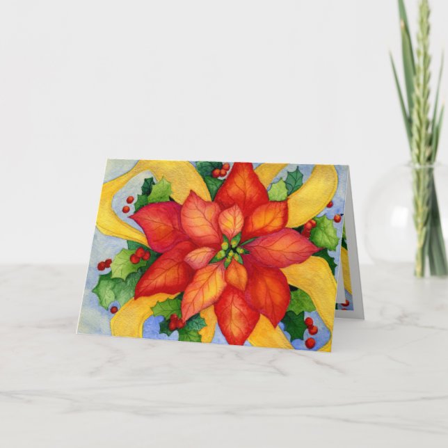 Ribboned Poinsettia Christmas Card (Front)
