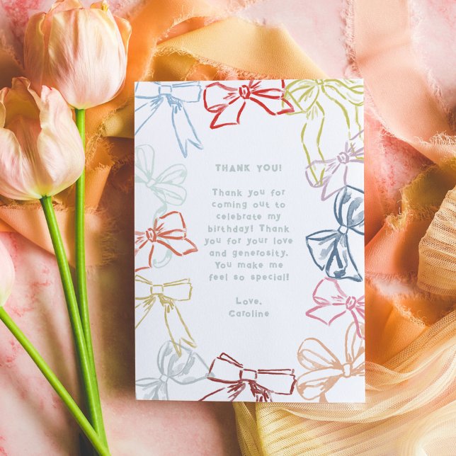 Ribbons and Bows Watercolor Birthday Thank You (Ribbons and Bows birthday party Thank You card.)