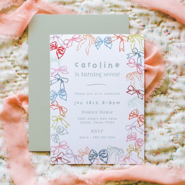 Ribbons and Bows Watercolor Girls Birthday Party Invitation (Ribbons and Bows watercolor girls birthday party invitation.)