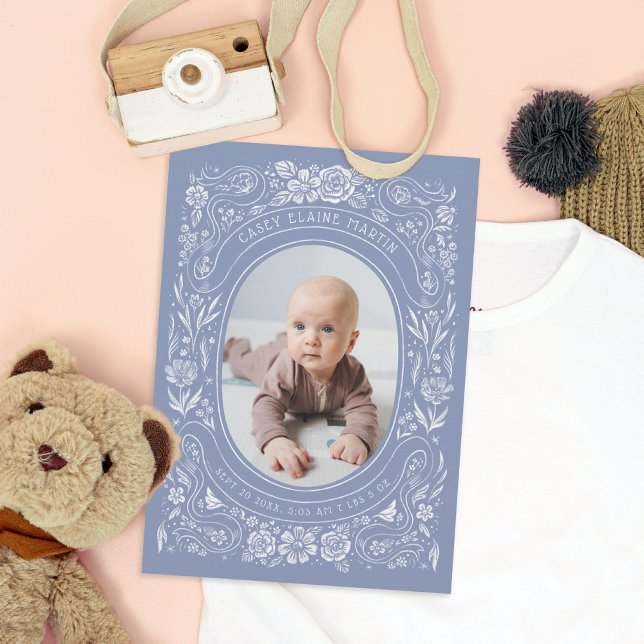Ribbons and Roses Baby Periwinkle Photo Birth Announcement (Creator Uploaded)