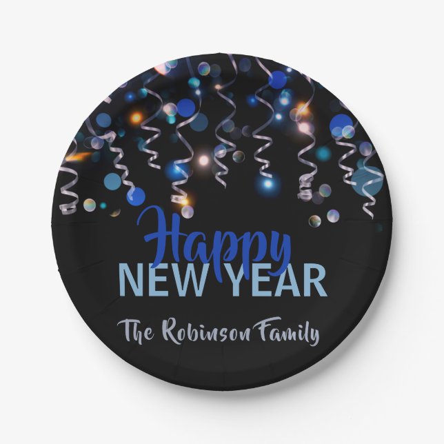Ribbons Bokeh Lights New Year Party Celebration Paper Plate (Front)