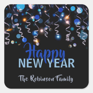Ribbons Bokeh Lights New Year Party Celebration Square Sticker