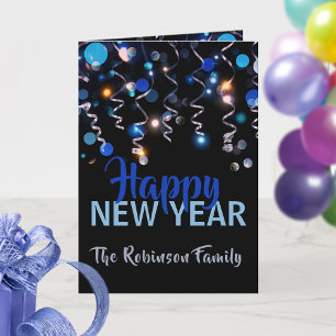 Ribbons Bokeh Lights New Year Party Greeting Card