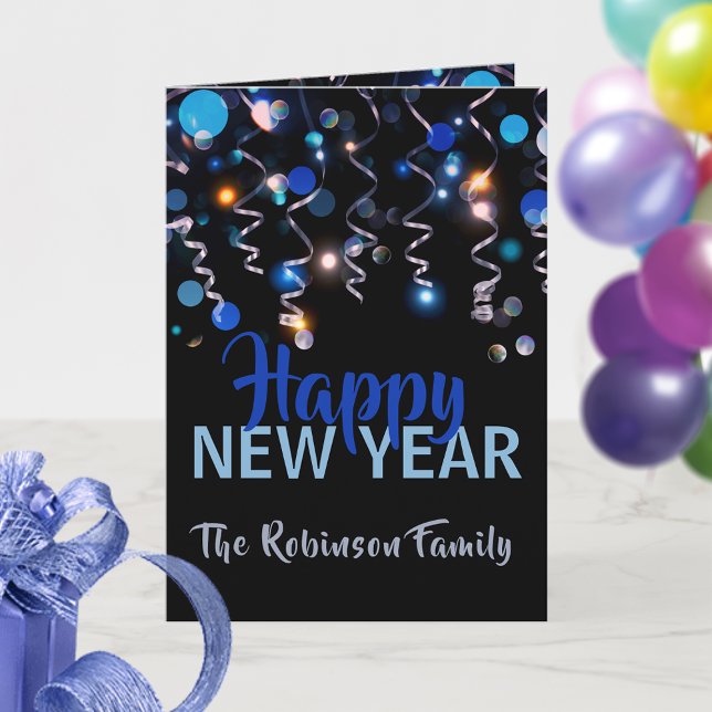 Ribbons Bokeh Lights New Year Party Greeting  Card (Creator Uploaded)
