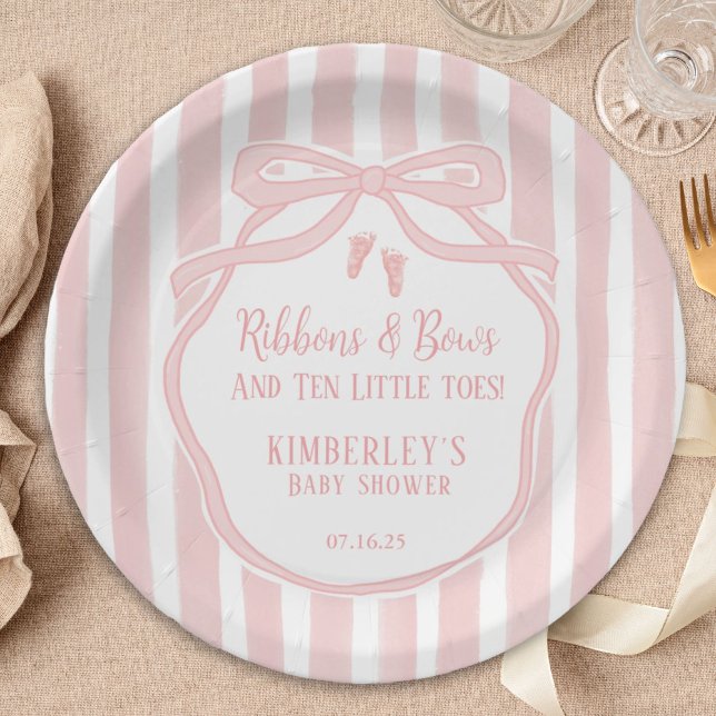 Ribbons Bows Ten Little Toes Bow Girl Baby Shower Paper Plate (Creator Uploaded)