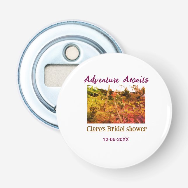 Rice fields adventure awaits bridal shower name fa bottle opener (Front)