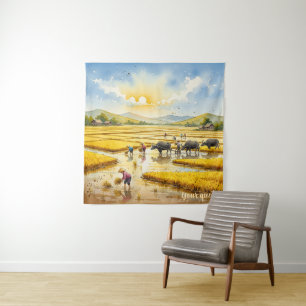 Rice Harvest Village Wall Art Tapestry