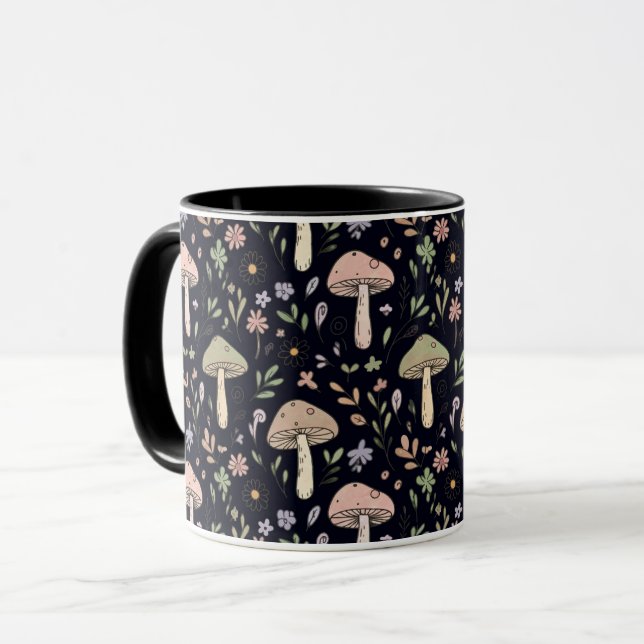Rich Black Dark Academia Fungi Seamless Pattern Mug (Front Left)