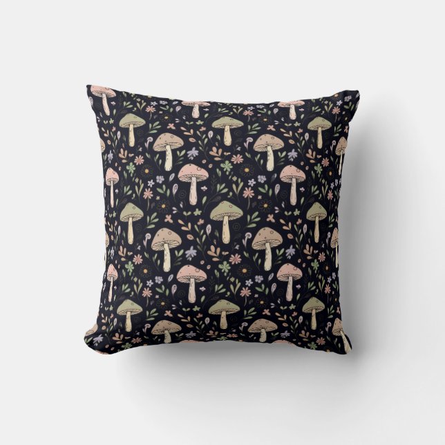 Rich Black Fungi Pattern Gothic Dark Academia Cushion (Front)