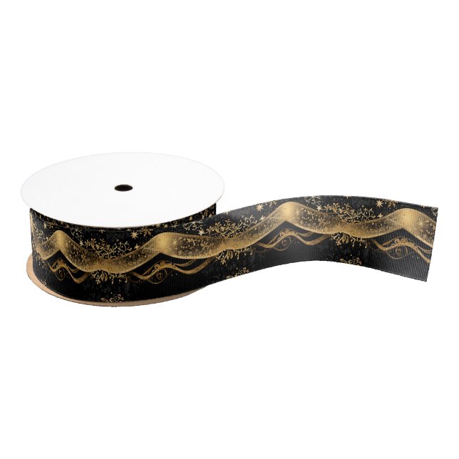Rich Black & Gold Holiday Grosgrain Ribbon (Spool)