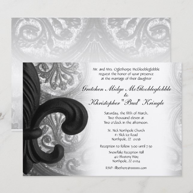 RICH BLACK "iron fleur de lis" Wedding Invitation (Front/Back)