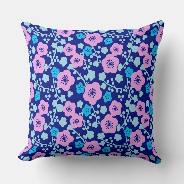 Rich blue and pink floral pattern Japanese Plum Cushion (Front)